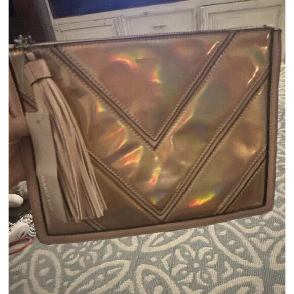 Mark Fran Faux Leather Clutch Bag Pink Iridescent Chevron Zip Tassel Bag Purse - Picture 8 of 16